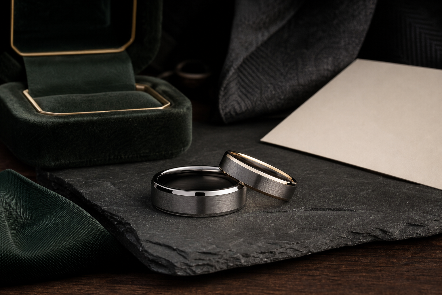 Professional mens engraved wedding bands guide image with a masculine silver band and engraving notes